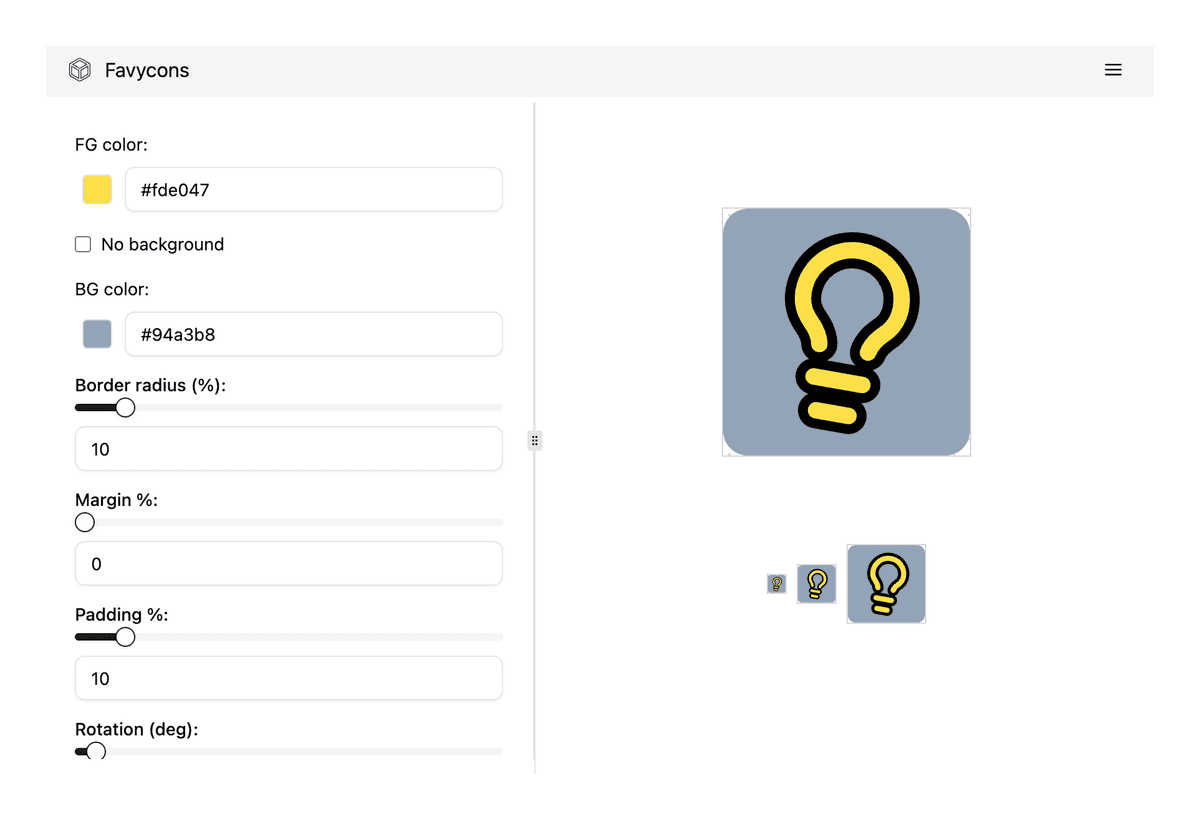 Favycons generator interface with customization options and favicon preview