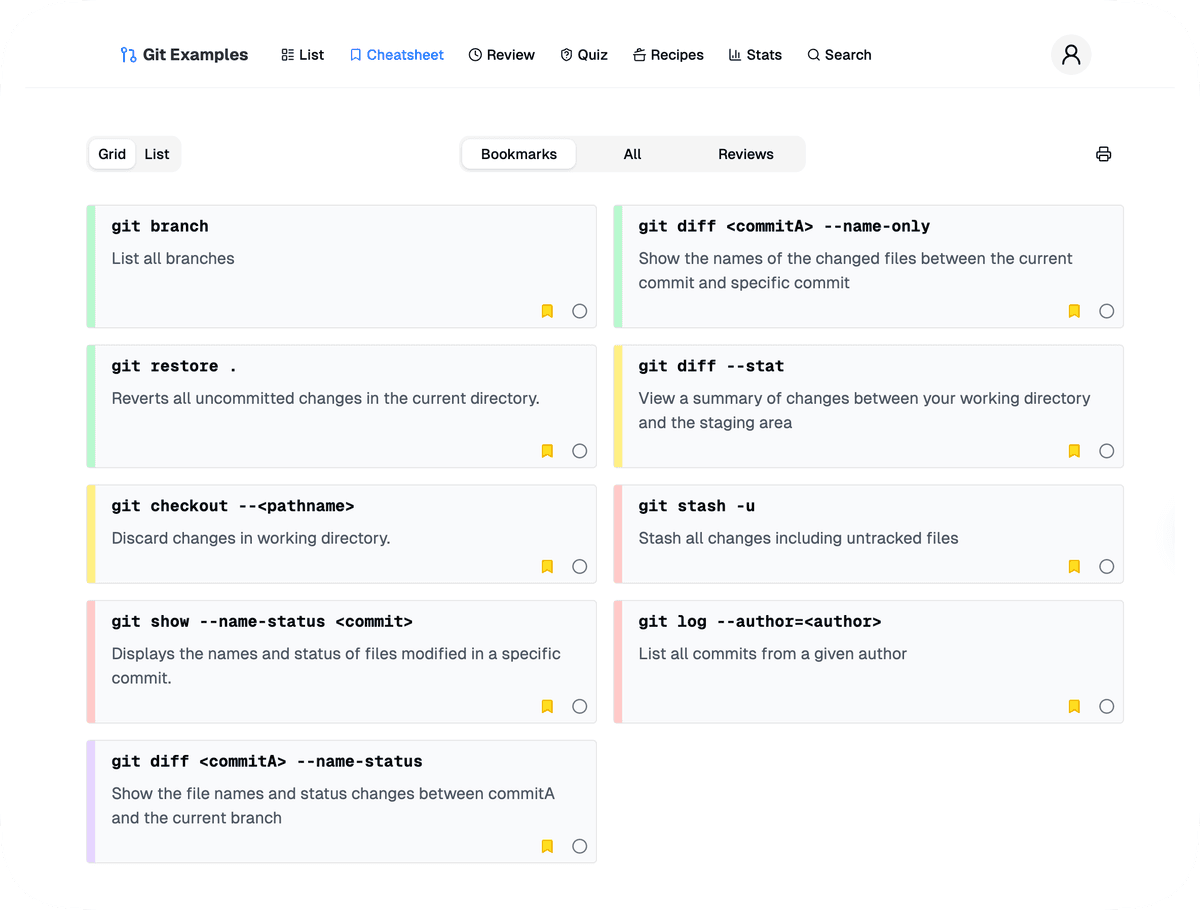 GitExamples platform showing Git command examples and interactive learning tools